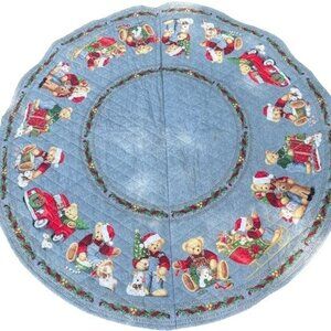 Vintage Holiday Christmas Tree Blanket Teddy Bears Faux Denim Handmade 57 inches